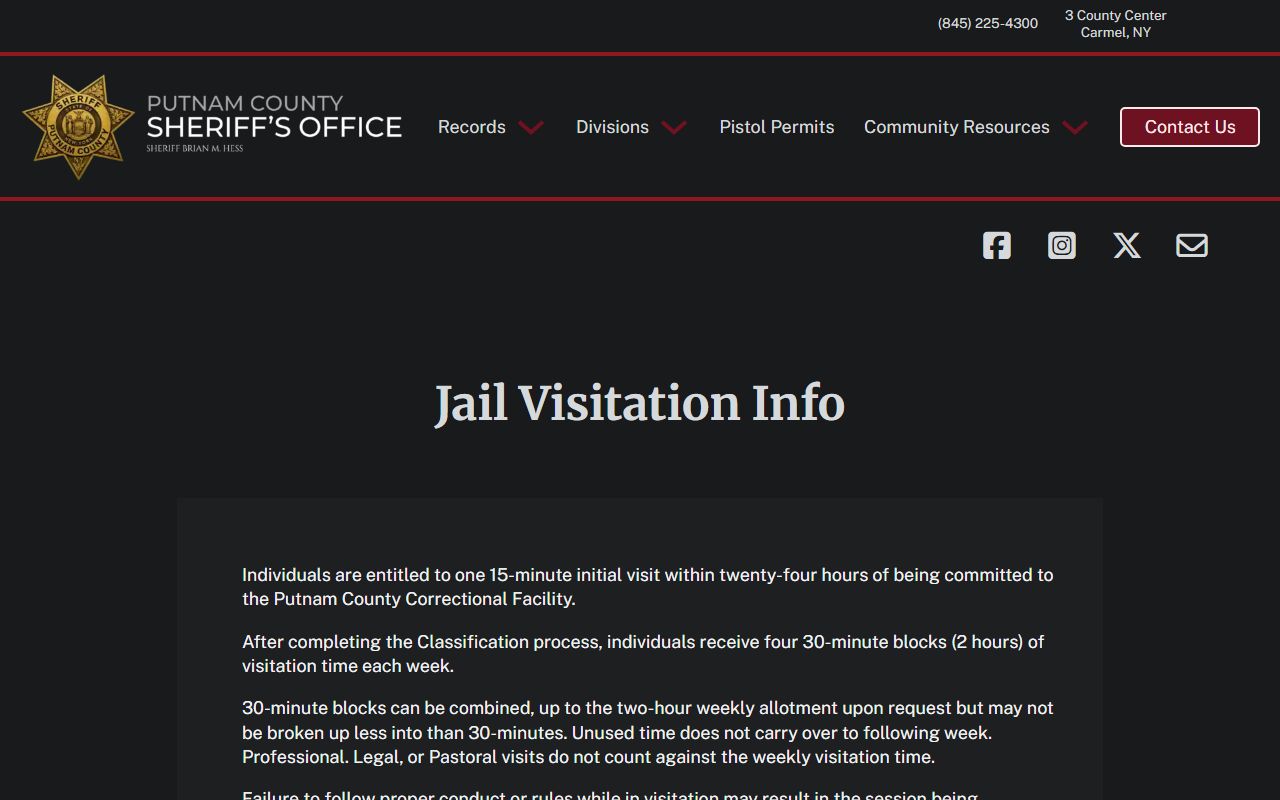 Putnam County Correctional Facility visitation schedule and rules